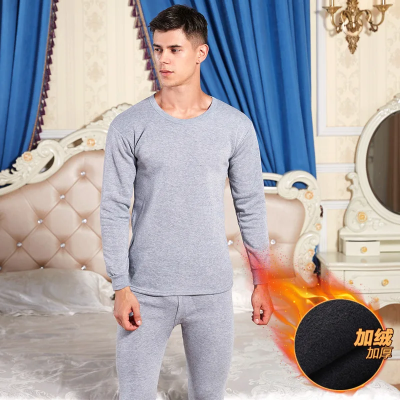 Light Gray Новые мужские зимние хлопковые тепловые уютные комплекты нижнего белья бархатные и плотные Стрейчевые длинные трусы размера плюс кальсоны - Цвет: Light Gray