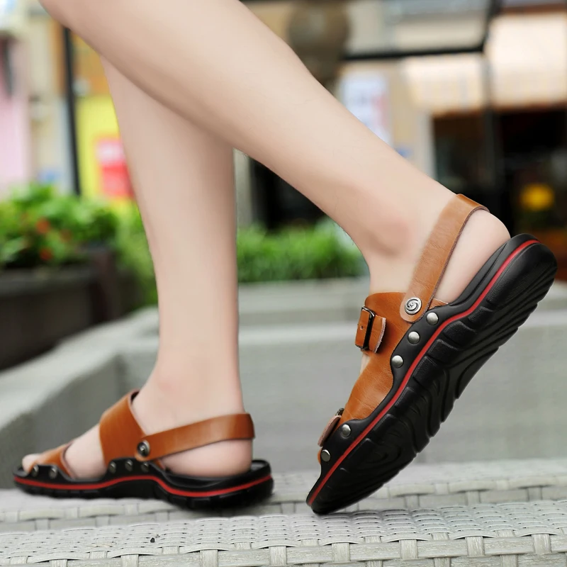 Сандалии мужские из натуральной кожи дышащие ручной работы пляжные большие