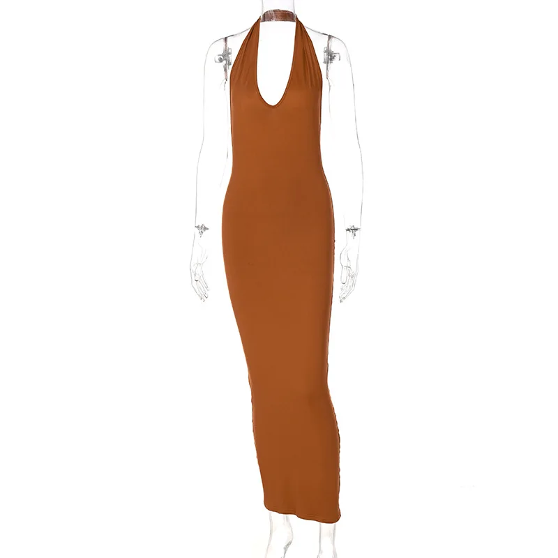 Женское платье-макси с лямкой на шее летнее простое базовое платье выход