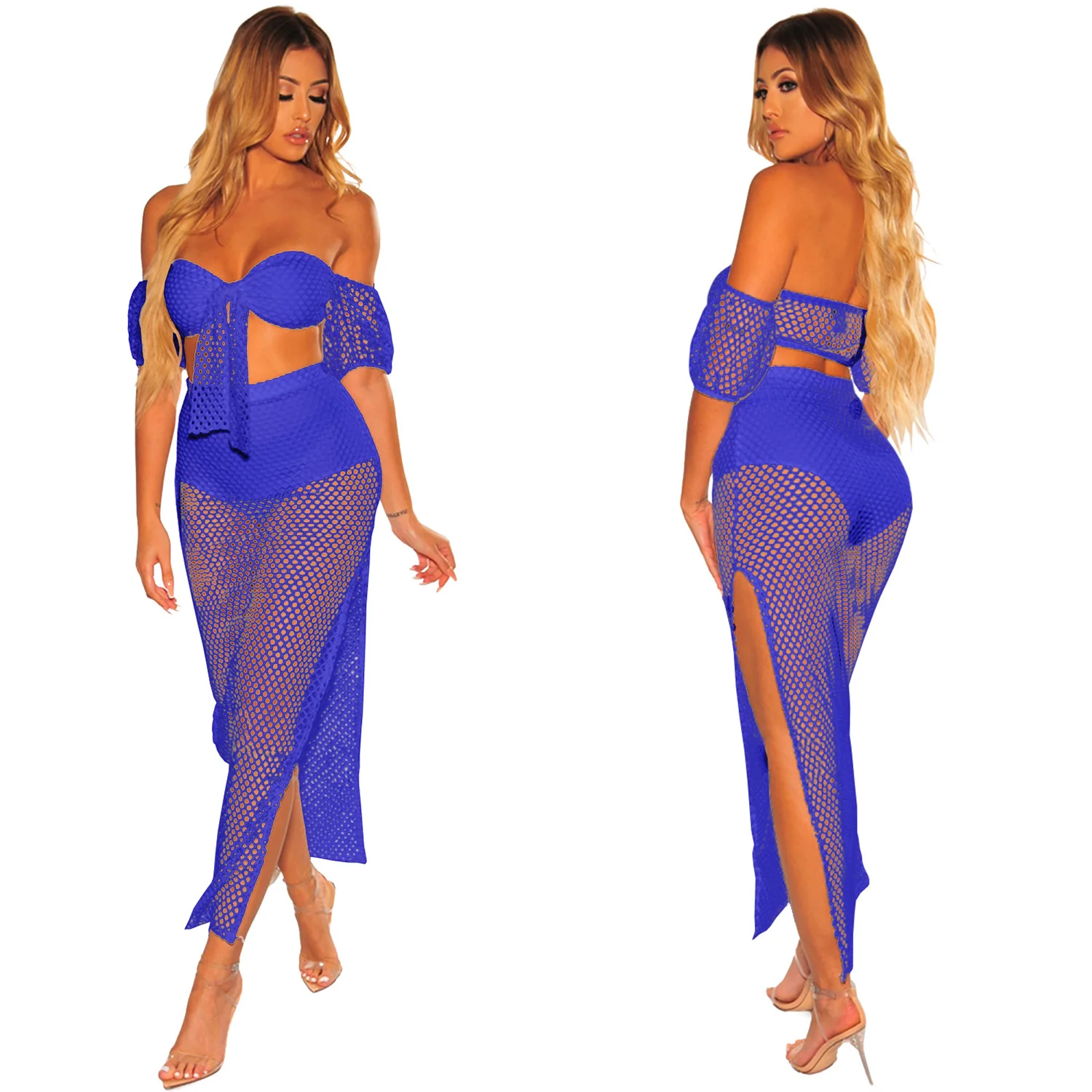 Women summer beach Dress see though tie up crop top High split maxi slim Long skirt suit two piece set long dress 7color Outfit | Женская