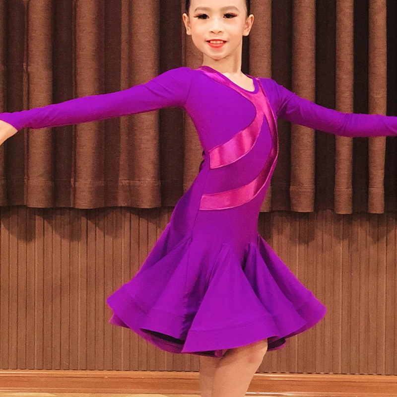 

Latin Dance Dress For Girls Competition Regulation Costume Samba Chacha Tap Dance Wear Purple Latin Dress Stage Outfits BL4852