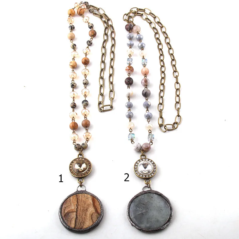 Fashion Bohemian Tribal Jewelry Antique Stone Glass Chain Crystal Links Round Stone Pendant Long Necklaces