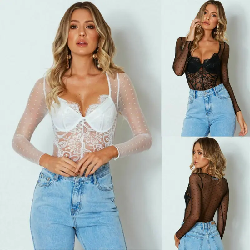 2019 летний женский сексуальный кружевной комбинезон с длинными рукавами сетчатый