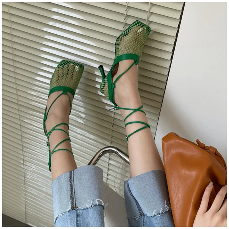 2021 Ladies Sexy Mesh Sandals Shoes Summer Thin High Heels Pumps Women Square Toe Ankle Strap Gladiator Romen Outdoor#SJPAE-210