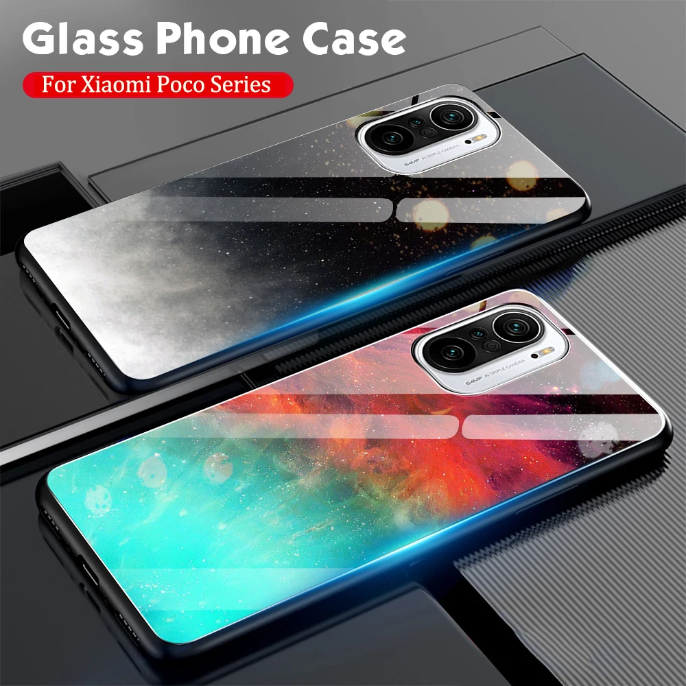 

Phone Case Poco F3 X3 Pro Tempered Glass Case For Xiaomi Poco F3 X3 Pro NFC Caqa Glossy Glass Cover Anti-knock Back Coque Funda