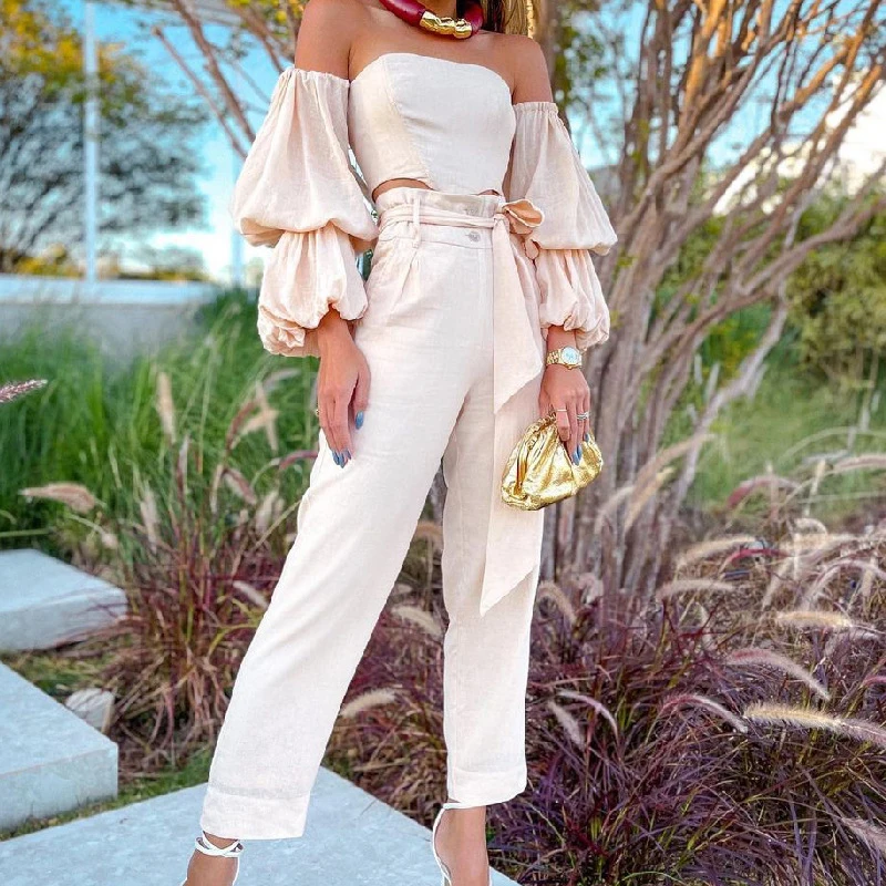 

2021 Sexy Tops Shirt + Pants Set Elegant Cascade Puff Sleeve Women's Solid Color Cotton and Linen 2-piece Off-the-shoulder Set