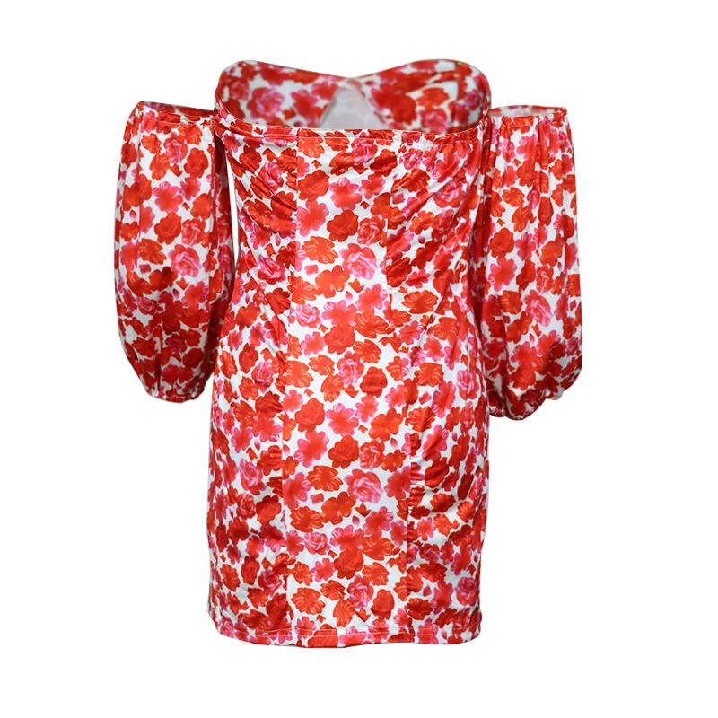 

MCK-A445 2021 new women dress off shoulder lantern long sleeve mini bodycon floral print backless sexy casual evening dresses