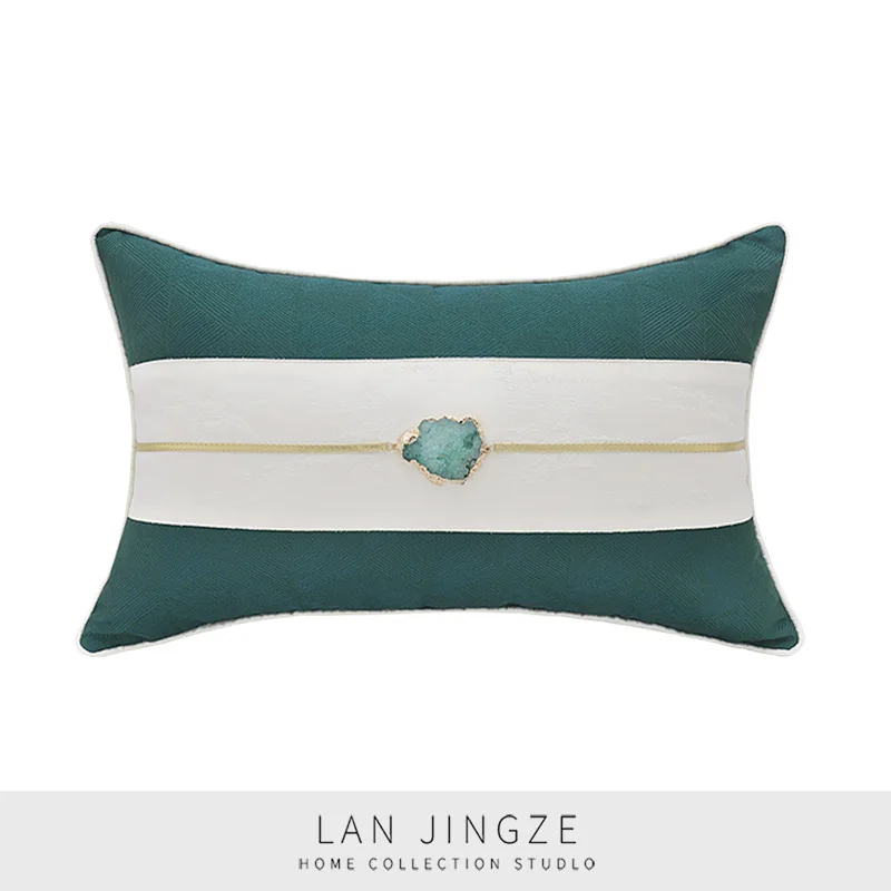 

LAN JINGZE Dark Green Patchwork Cushion Cover Set Home Decorative For Living Room With Natural Gems Waist Pillow Case 30cmx50cm