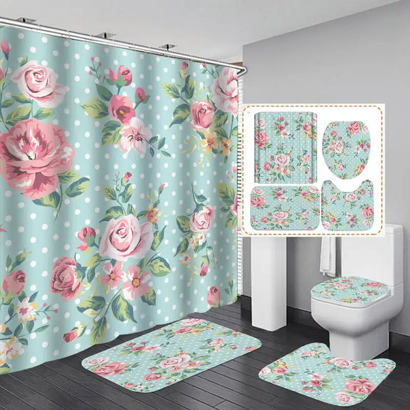 

Pink Rose Blue Polyester Fabric Shower Curtain Non-Slip Bath Mat Toilet Lid Cover Rugs Home Bathroom Decor Set