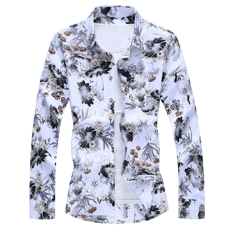 

2021 Spring Autumn Clothes Shirt Men Long Sleeves Big Size M-5XL 6XL 7XL Print Hawaiian Beach Casual Floral Shirt for Man