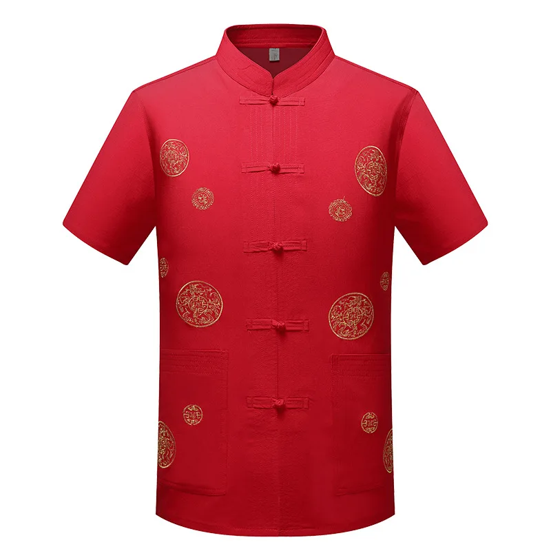 

Chinese Style Embroidery Tang Linen Cardigan Summer Short Sleeve Casual Top Retro Middle Aged Men's Shirt