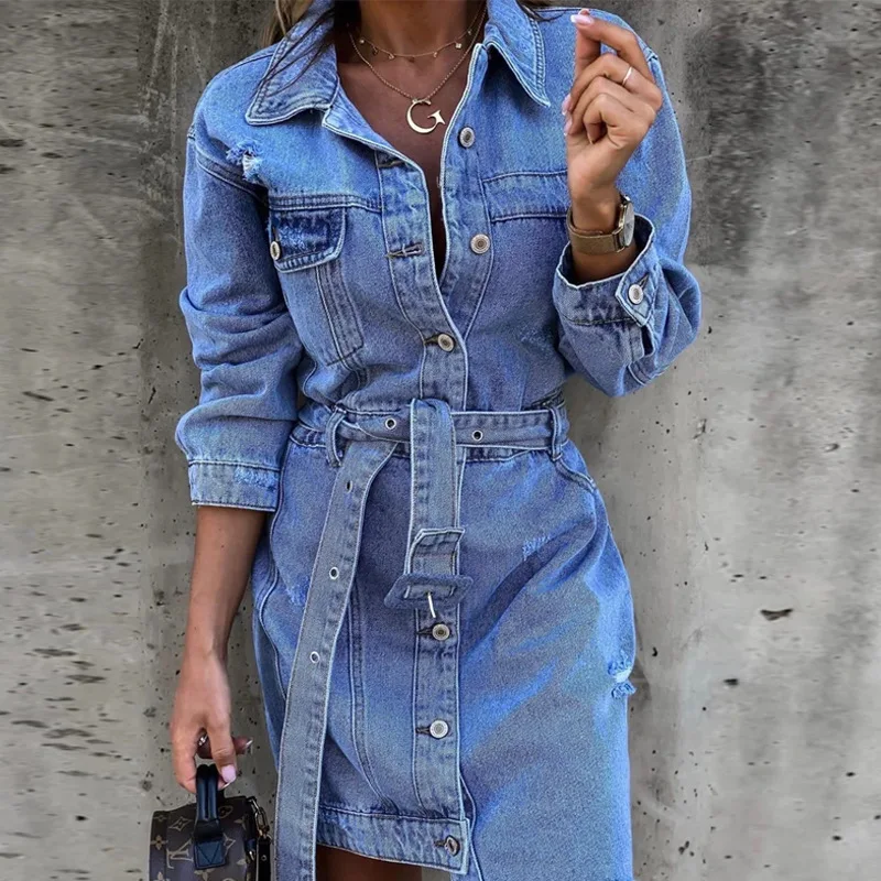 

Spring Autumn Fashion Slim Denim Dresses Lace Up A-line Dress Women Elegant Party Turn-down Collar Button Ladies Dress Vestidos