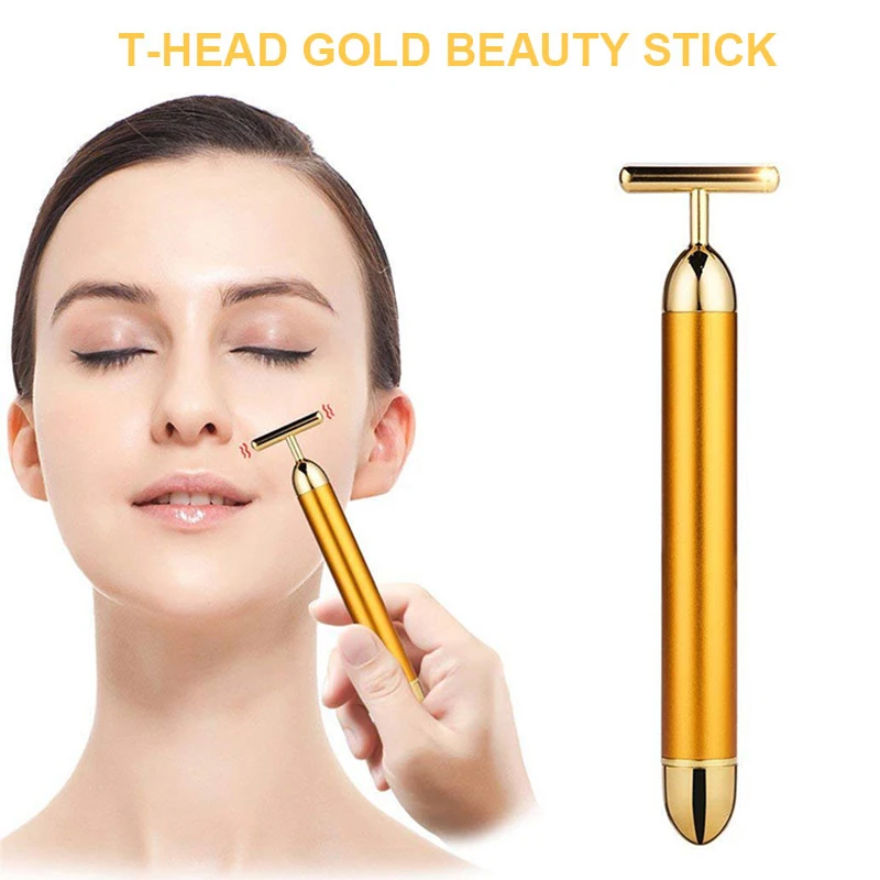 

24k Gold Face Lift Bar Roller Vibration Slimming Massager Facial Stick Facial Makeup Beauty Skin Care T Shaped Vibrating Tool
