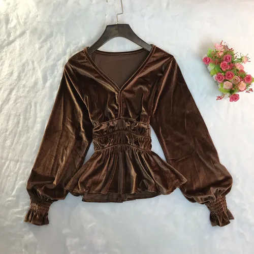 Dark Brown Neploe, v-образный вырез, тонкая талия, рукав-фонарик, бархатная блузка для женщин, элегантные оборки, длинный рукав, Blusas Mujer, облегающая короткая рубашка 46384 - Цвет: Dark Brown