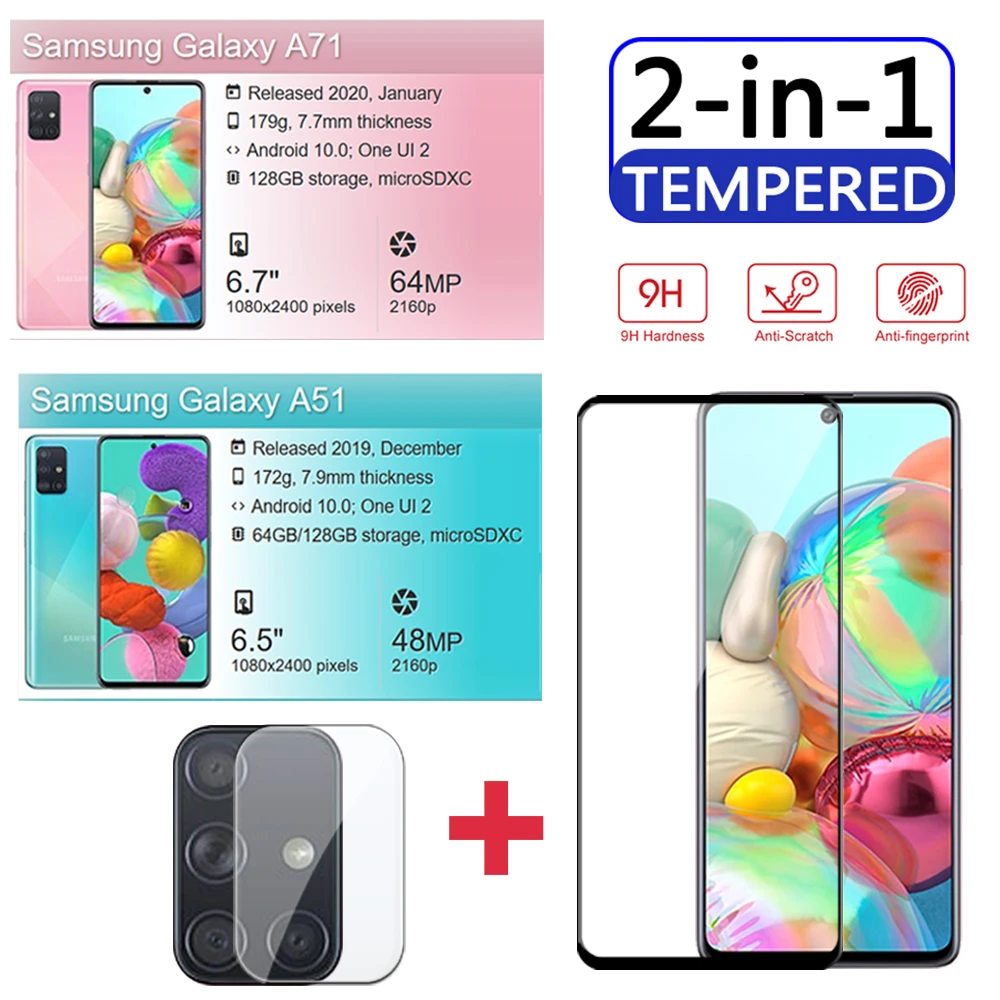 2-in-1 A71 A51 2019 Protective Glass a41 camera lens for samsung a71 51 screen protector tempered glass full cover film | Мобильные