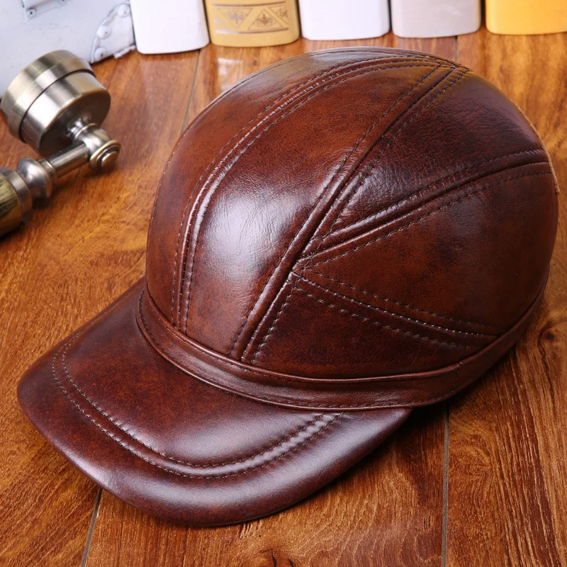 100% Genuine Leather Fur hat man fall and winter earmuffs warm hat elderly outdoor quilted leather belt leather cap
