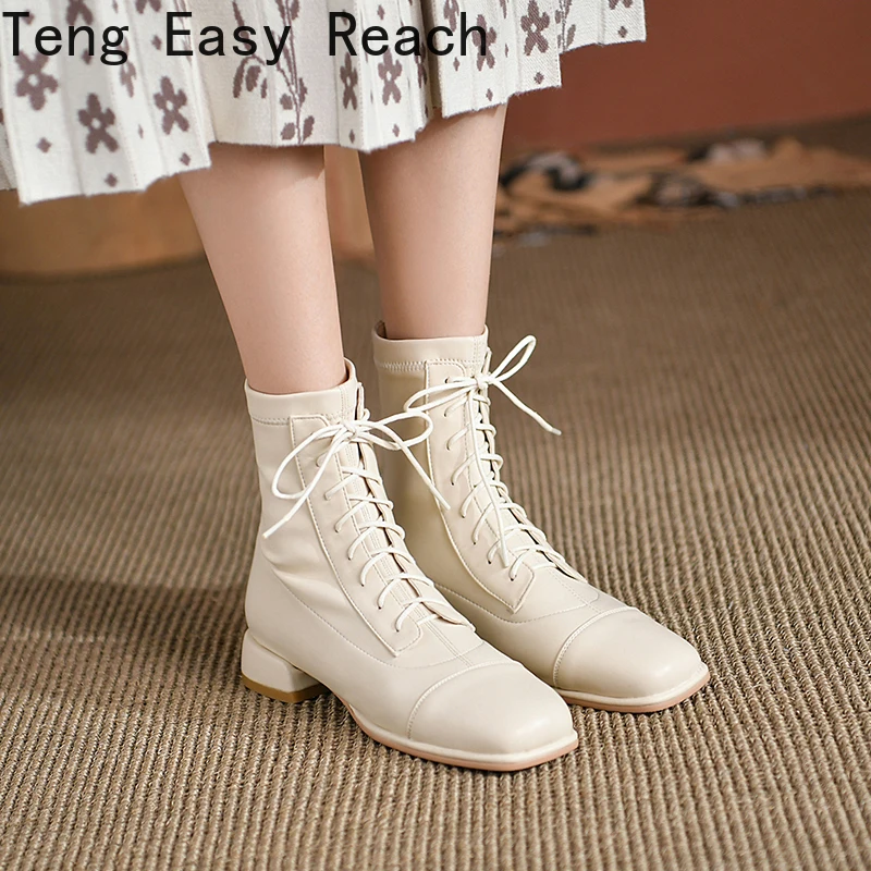 

2021 Women Ankle Boots Elegant Office Lady Autumn Winter Shoes Woman Cross-Tied Thick Heels Zip Boots