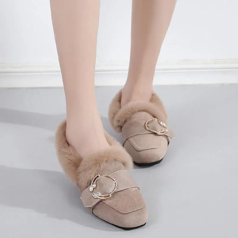 Женская шерстяная зимняя теплая обувь на плоской подошве с мехом; ботильоны; Мокасины без застежки; модная женская теплая хлопковая обувь высокого качества с бархатом - Цвет: Хаки
