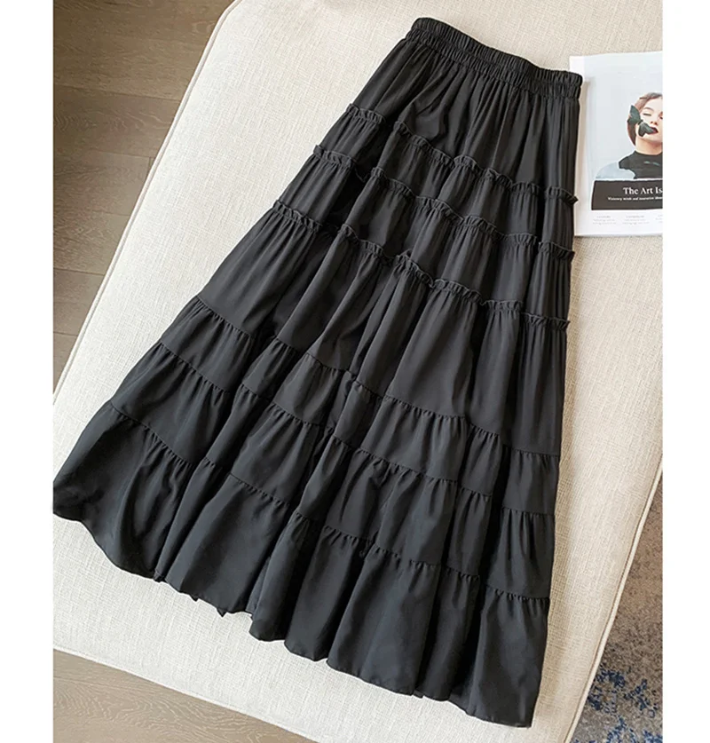 

Qiukichonson Summer Skirts Women Fashion Cute Frilly Stitching High Waist A-Line Ruffle Long Midi Chiffon Skirt White Black