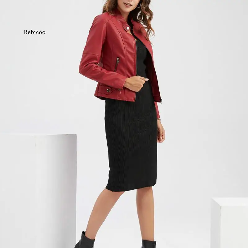 

New Fall Faux Soft Leather Pu Jacket Ladies Slim Punk Coat Women's Round Neck Moto Motorcycle Rider Zip Street Coat