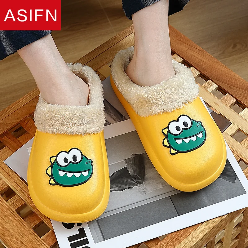 

ASIFN Waterproof Cotton Slippers Fur Cute Crocodile Women Winter PU Leather Couple Home Indoor Mules Plush Male Cotton Slippers