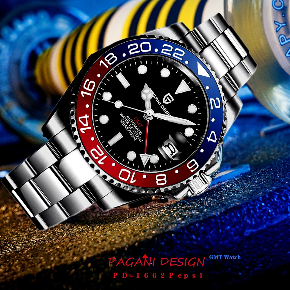 PAGANI DESIGN New Men Mechanical Wristwatches Fashion Ceramic Bezel GMT Watch Waterproof Stainless Steel Automatic Watch For Men