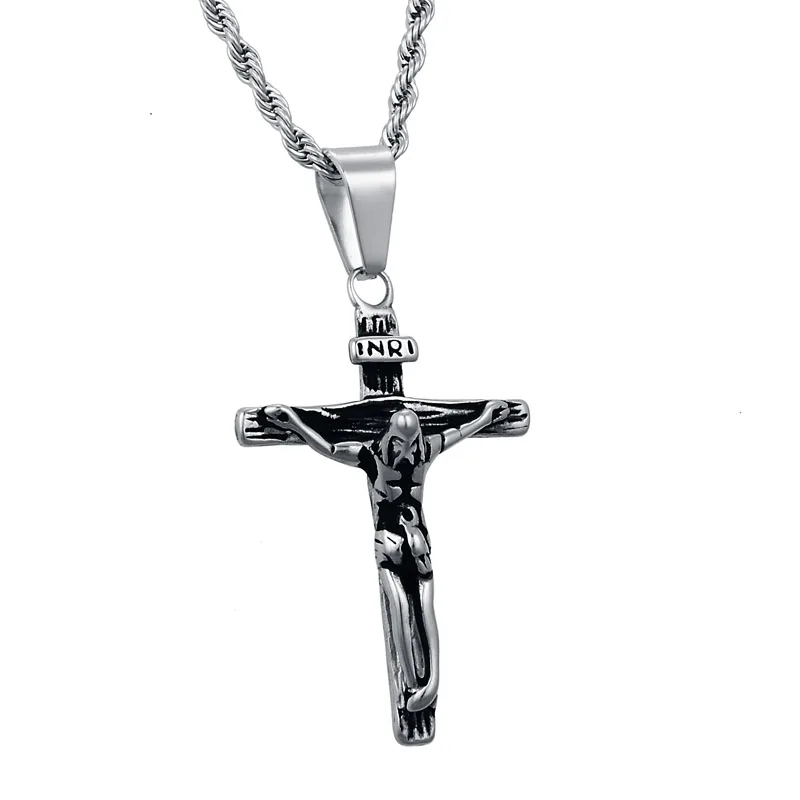 Нержавеющая сталь золото Цвет INRI Jesus частей крест кулон& Цепочки и ожерелья посеребрянное ожерелье для Для мужчин подарок Винтаж ювелирные украшения с христианской символикой - Окраска металла: silver