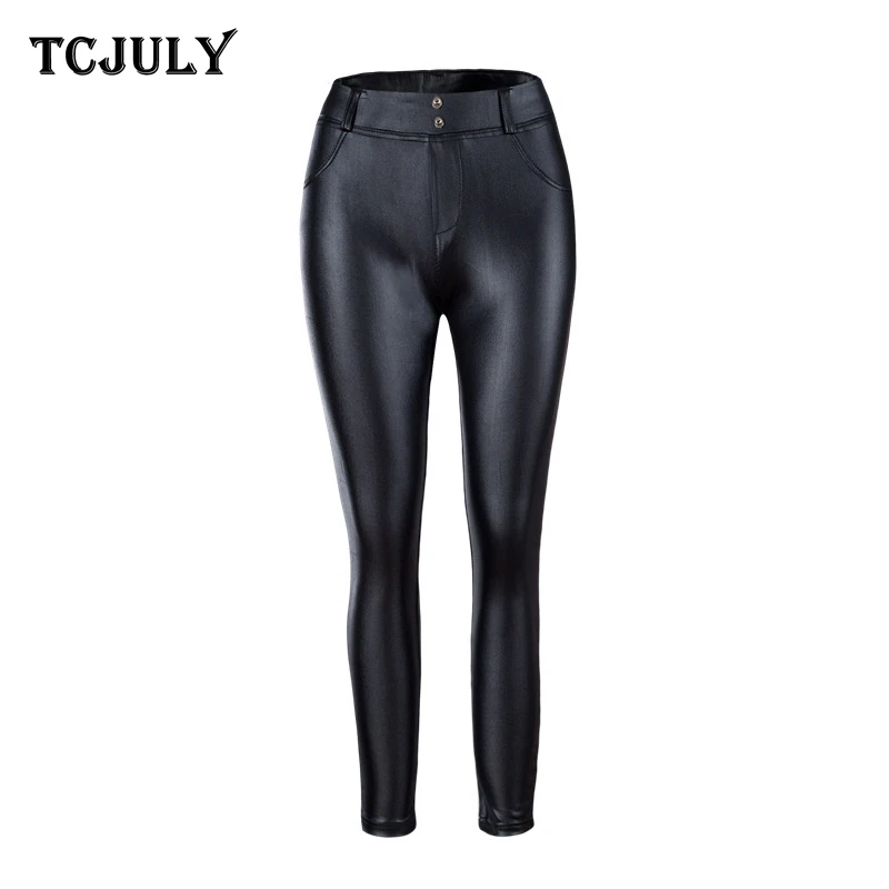 TCJULY Лидер продаж однотонные узкие брюки из искусственной кожи с пуш-ап высокой