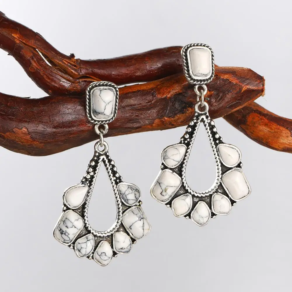 

Bohemian White Turquoises Pendants Earrings Vintage Jewelry Geometric Green Stone Pierced Drop Earrings For Women Femme Gifts