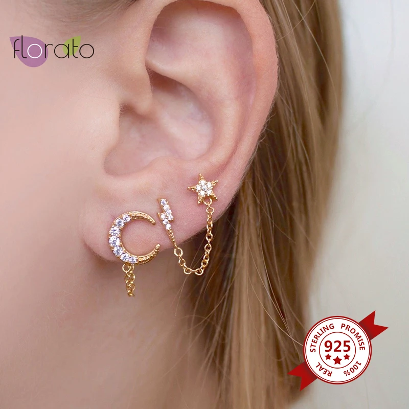 

1PC Two Hole 925 Sterling Silver Star Rhinestone Long Chain Earrings For Women Shine CZ Tassel Piercing Earring Party Jewelry