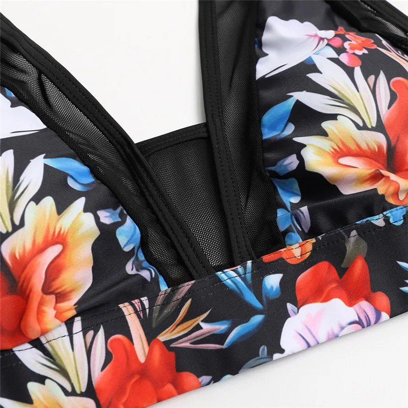 

2021 New Mesh Stitching Printing Open Back Sexy Split Bikini Swimsuit Women V Waist 2 Piece Set Women Sexy Bikini Swimwear