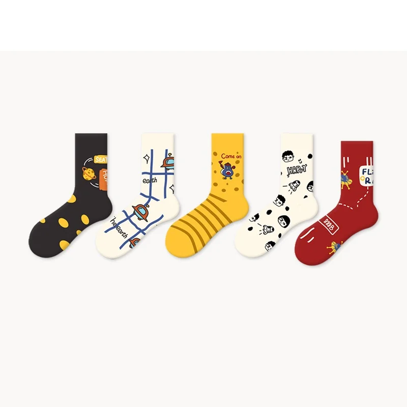 

Autumn Winter Retro Tide Sock Female Middle Tube Original Personality Funny Cute Sweet Wind Cartoon Cotton Stockings Couple Size