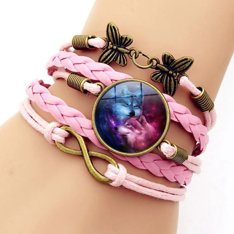 

New in 2020, fashionable cabochon glass, wolf head bracelet, leather braided bracelet, exquisite gifts for men and women