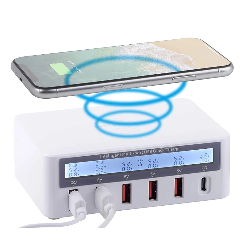 

QI Wireless USB Charger 40W QC3.0 Type C Fast Charge Adapter Unversal 6 Ports LCD Intelligent USB Charger Station