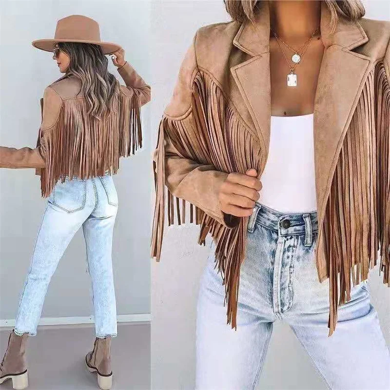 

2021 Ladies Spring Autumn Trendy Fringe Cool Bomber Jacket Long Sleeve Turn-down Collar Open Stitch Slim Tassel Jacket for Women