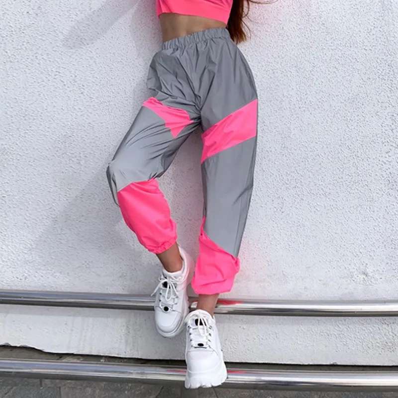 Светоотражающие спортивные брюки осень зима женские Jogger с высокой талией, из лоскутов спортивные брюки уличная праздничная одежда брюки