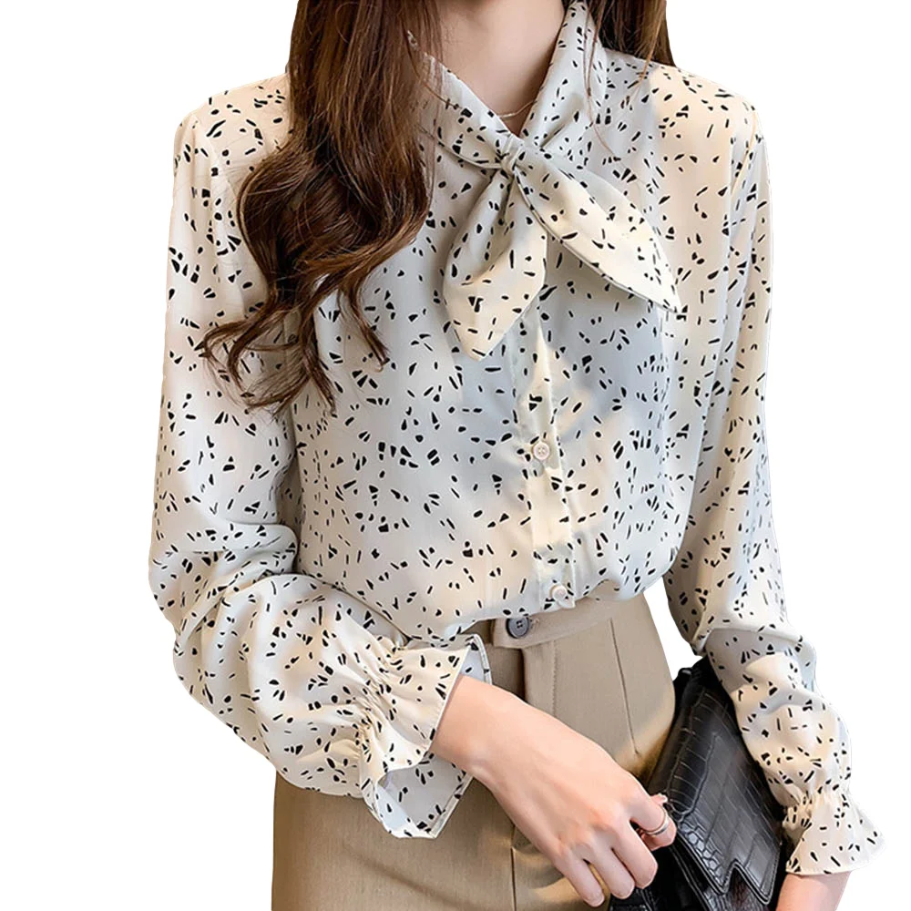 Шифоновая рубашка с бантом и принтом женский топ длинными рукавами свободные