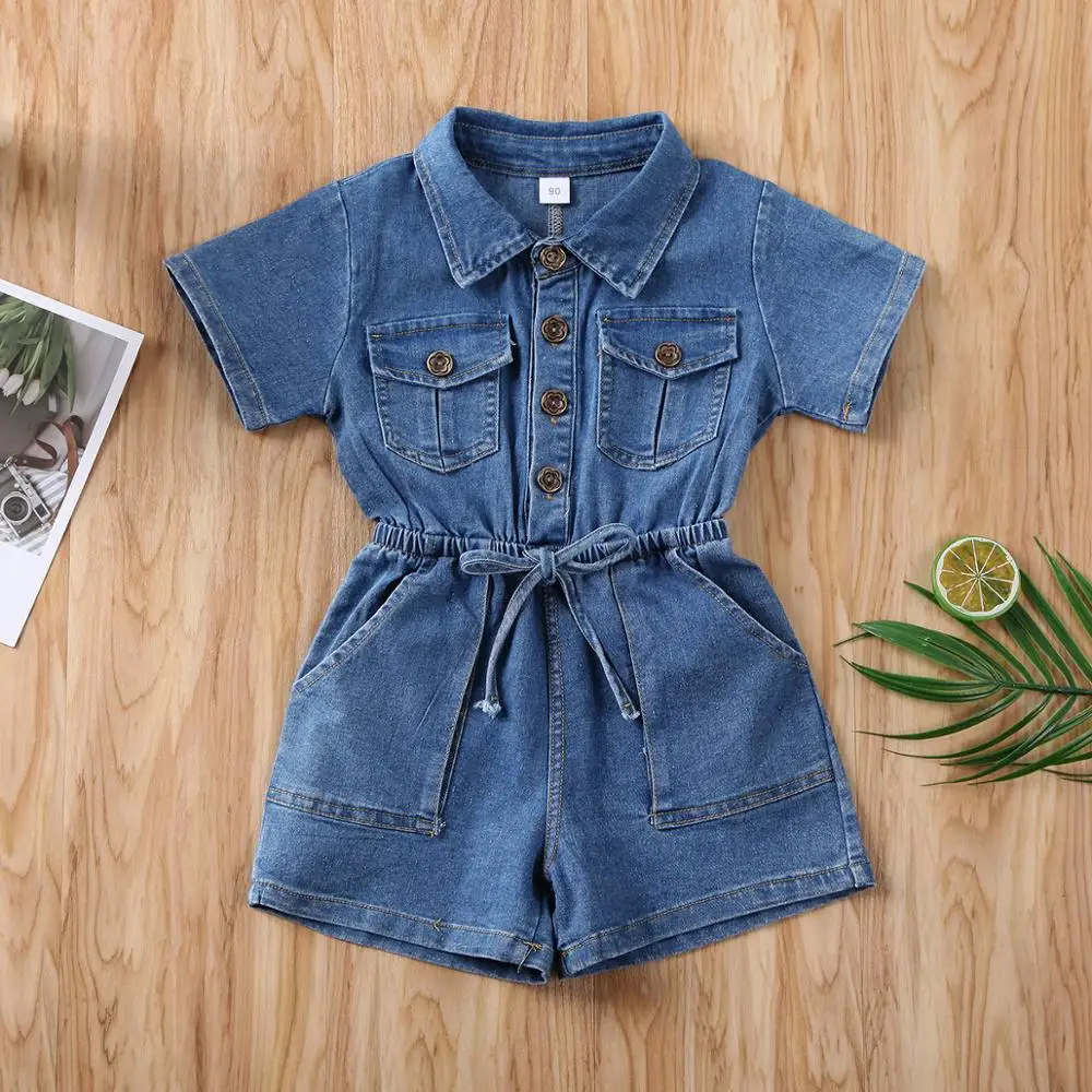 

Baby Girls Summer Clothing Denim Short Sleeve Jumpsuit Toddler Girl Romper Short Jumpsuit Solid Blue Denim Outfit One-Piece 1-4Y