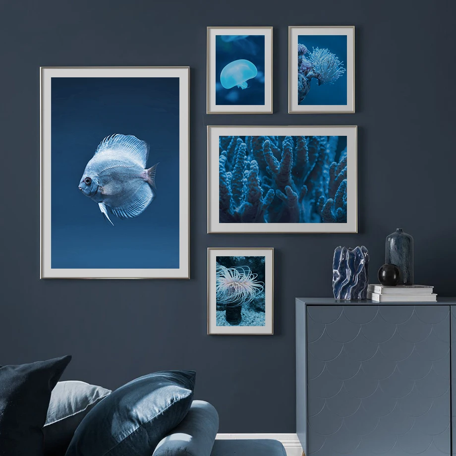 

Marine Life Nordic Posters And Prints Sea Coral Jellyfish Fish Canvas Painting Wall Art Blue Series Pictures Living Room Decor