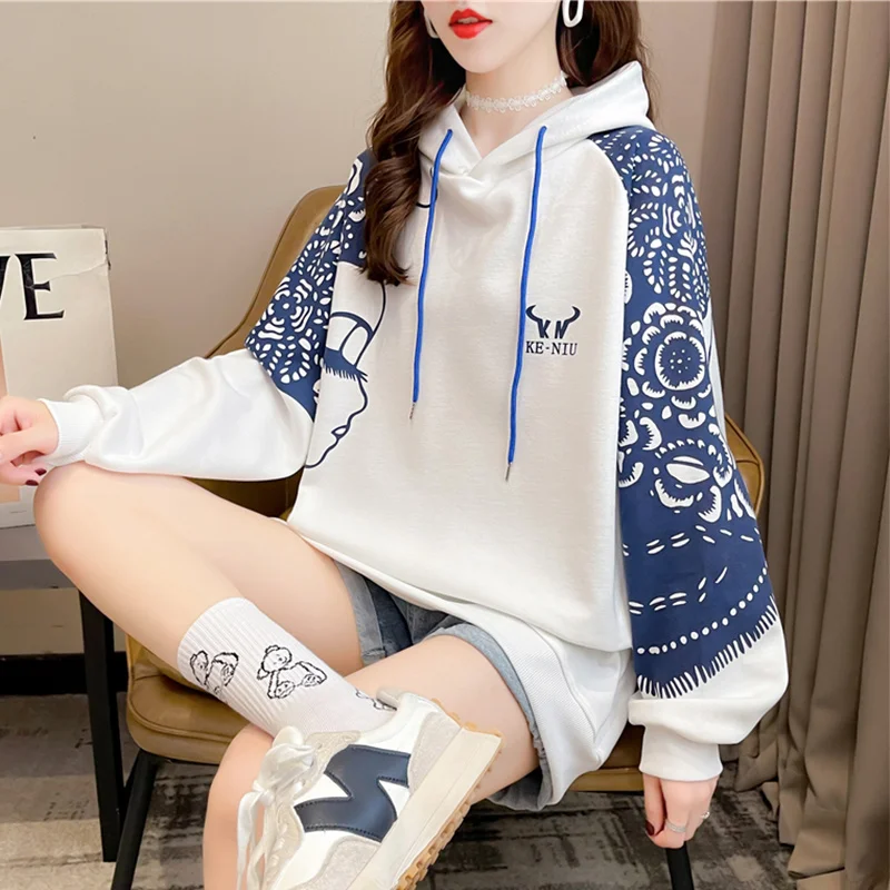 

#5552 Printed Hoodies Woman Vintage Casual Harajuku Hooded Sweatshirts Chinese Style Spliced Color Hoodies Female Loose Autumn
