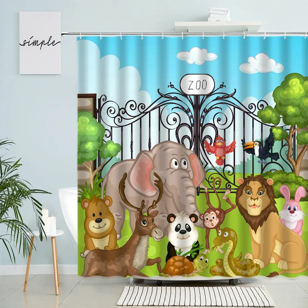 

Cartoon Zoo Shower Curtain Cute Animal Elephant Lion Panda Fairy Tale Children Bathroom Waterproof Polyester Curtains Home Decor