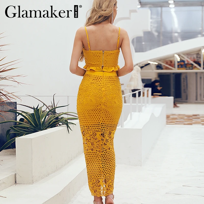 Glamaker Разделение-апом, просвечивающее сексуальное длинное платье Для женщин с рюшами и цветами, кружевное синее платье элегантные летние пляжные облегающие длинные вечерние Клубное платье