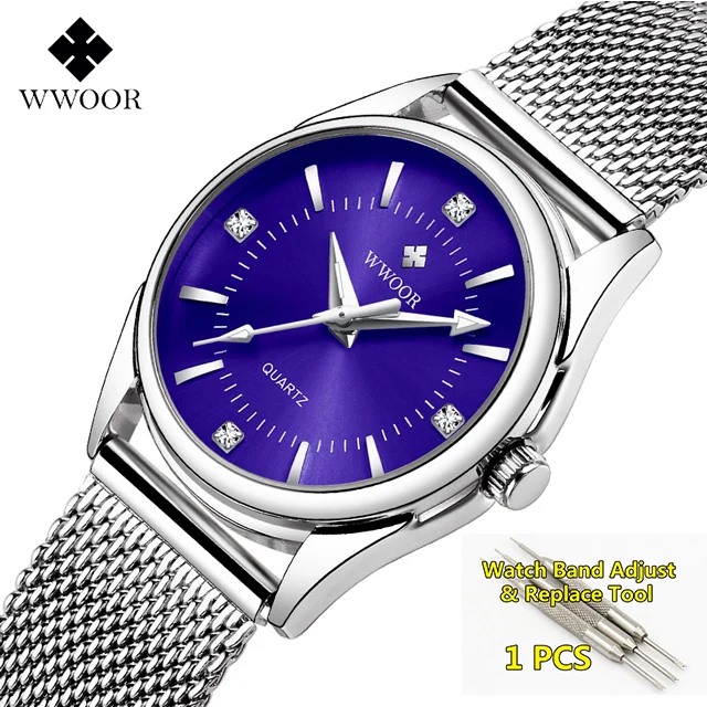 blue-with-tool WWOOR Для женщин часы Элитный бренд платье с бриллиантами золотые наручные часы Нержавеющая сталь женские часы золотые кварцевые часы Для женщин - Цвет: blue-with-tool