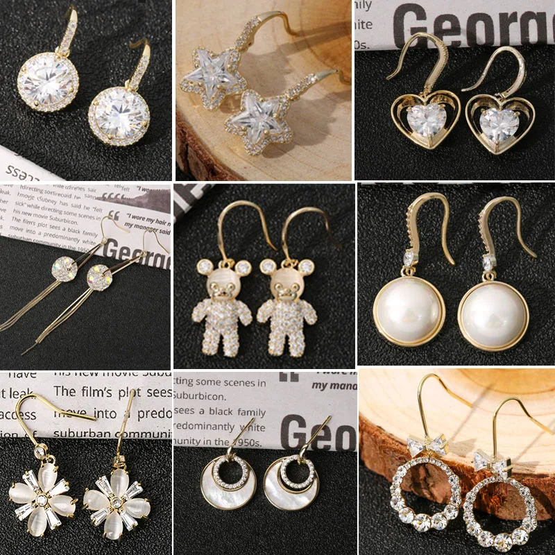

12 Korean Styles Copper Dangle Earrings with Flower Bear Heart Shaped Crystal AAA Rhinestone CZ for Women