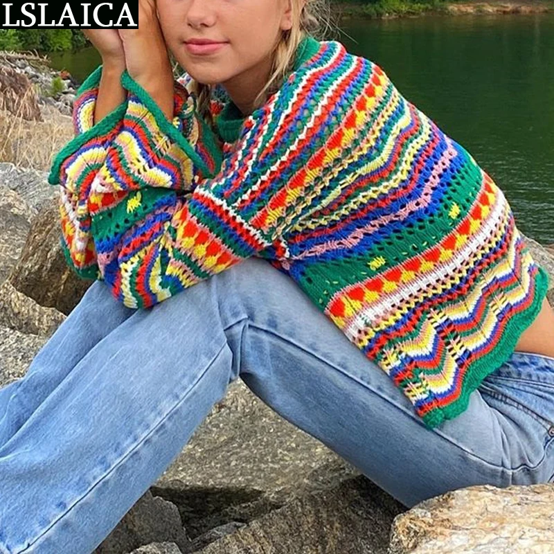 

Sweater Women Long Sleeve Colorful Stripes Stitching O-Neck Casual Sweaters For Women Knit Fashion Autumn Winter Loose Sweaters