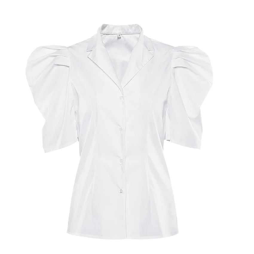 

Summer Solid Ladies Office Blouse Short Sleeve Button Shirt Chic White Fashion Puff Sleeve Top Women Elegant Work Tunic 2021