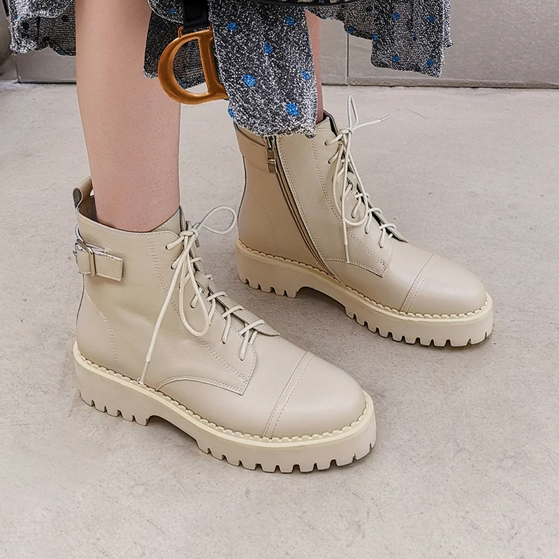Beli Besar Ukuran 34-40 Kulit Asli Platform Boot Baru Musim Gugur Wanita Cahaya Nyaman Chunky Sepatu Fashion Renda Wanita Sepatu Alas Kaki