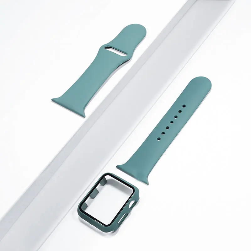 

Glass+Case+Strap For Apple Watch band 44mm 40mm 38mm 42mm 44 mm Silicone Sport smartwatch bracelet iWatch serie 3 4 5 6 se band