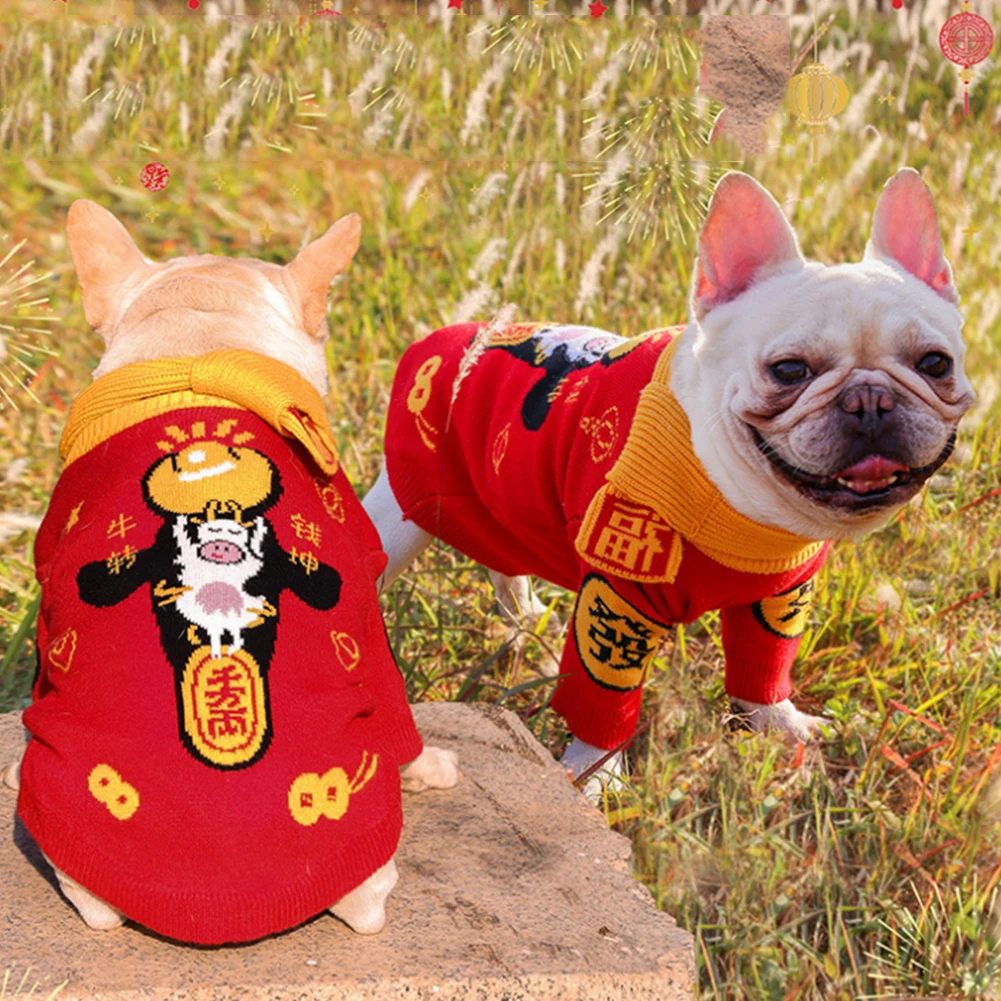 

New Year Dog Sweaters Celebrating Dog Clothes for Small Medium Dogs French Bulldog Clothing Cows Print Dog Sweaters