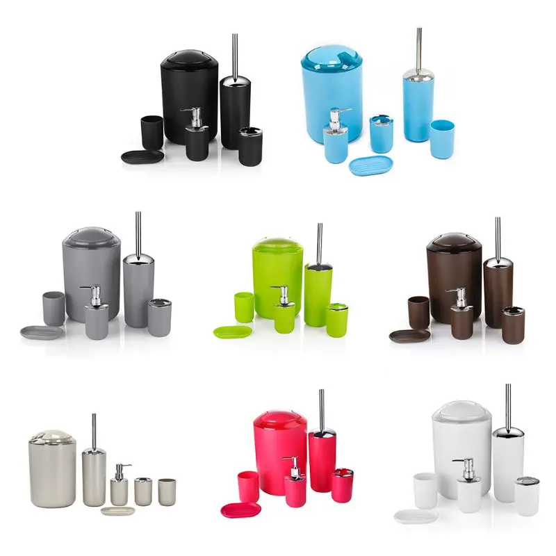 

6-piece bathroom accessory set with a variety of color options. plastic